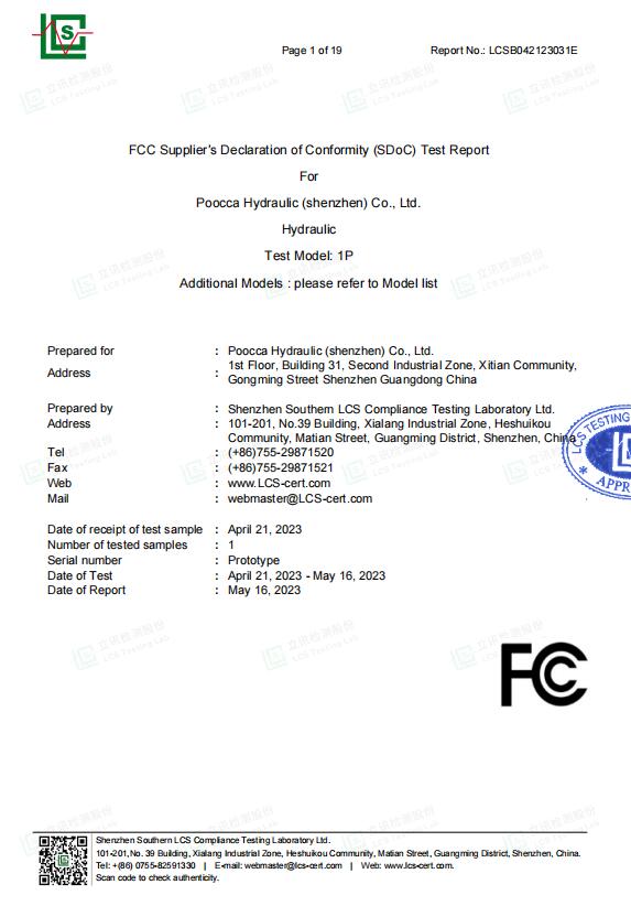 FCC1 Crtificate Hydraulic Pump-POOCCA