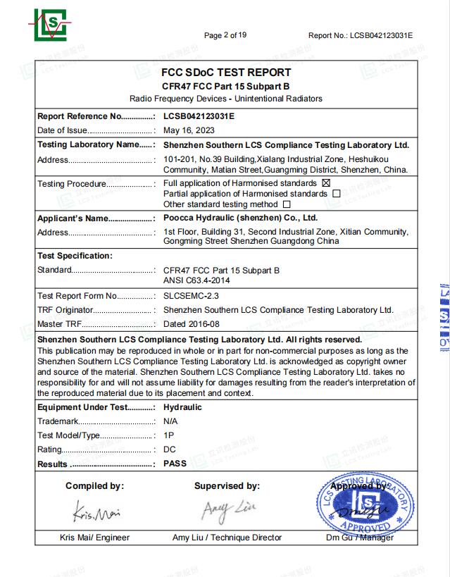 FCC2 Crtificate Hydraulic Pump -POOCCA